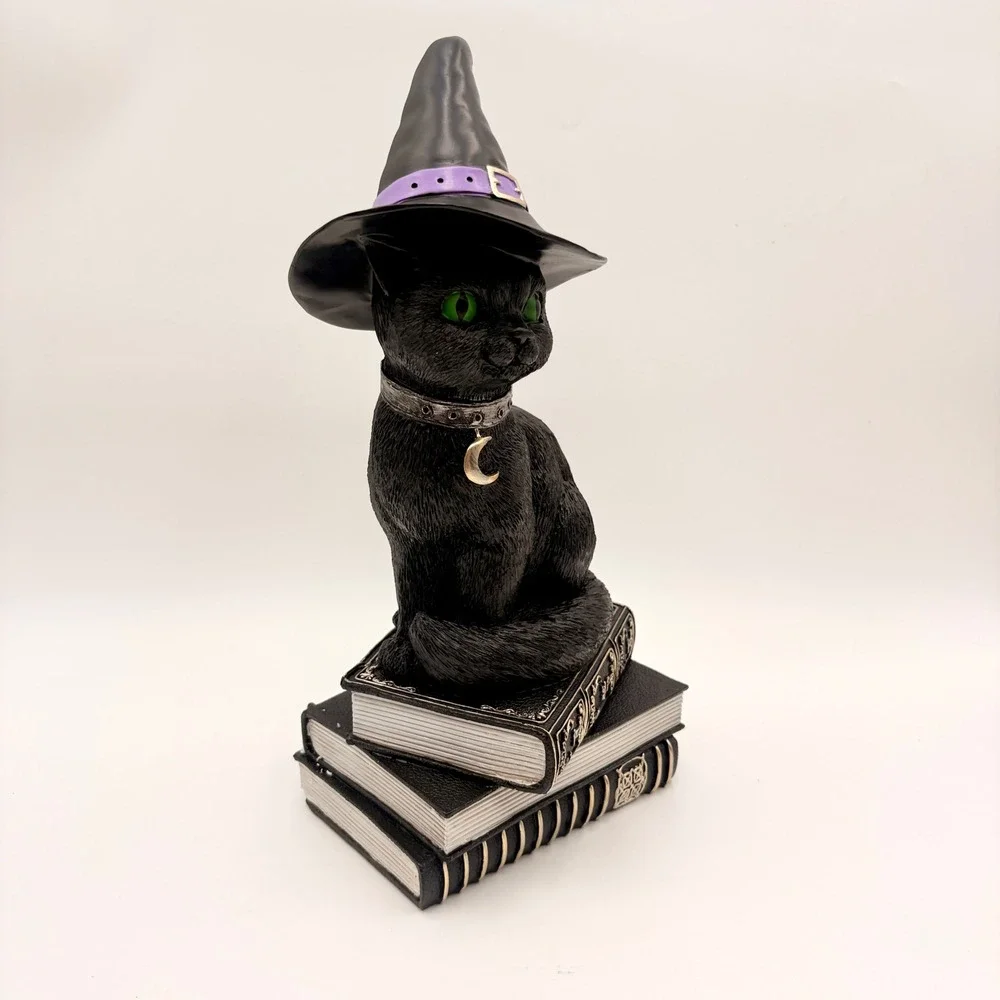 Black Cat Witch Figurine on Spell Books Gothic Halloween Decor Green Eyes Hat